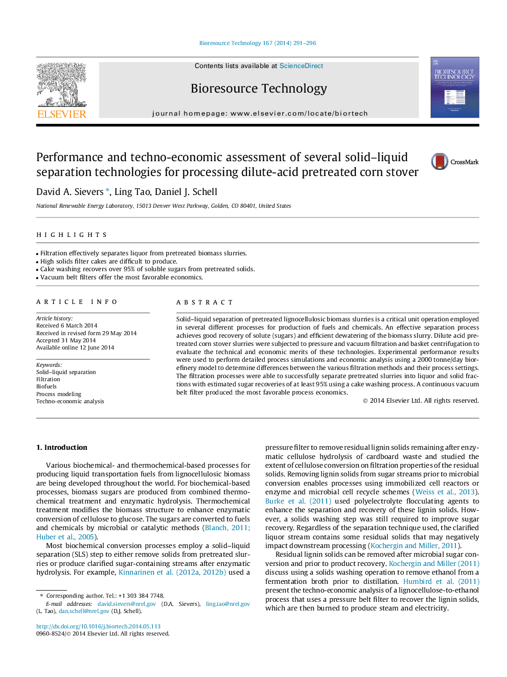 Performance and techno-economic assessment of several solid-liquid separation technologies for processing dilute-acid pretreated corn stover