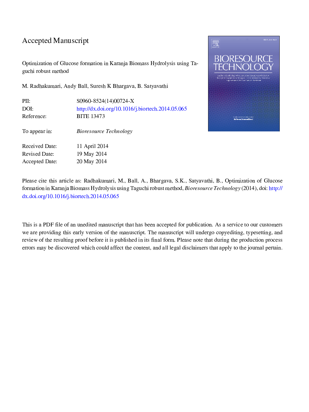 Optimization of glucose formation in karanja biomass hydrolysis using Taguchi robust method