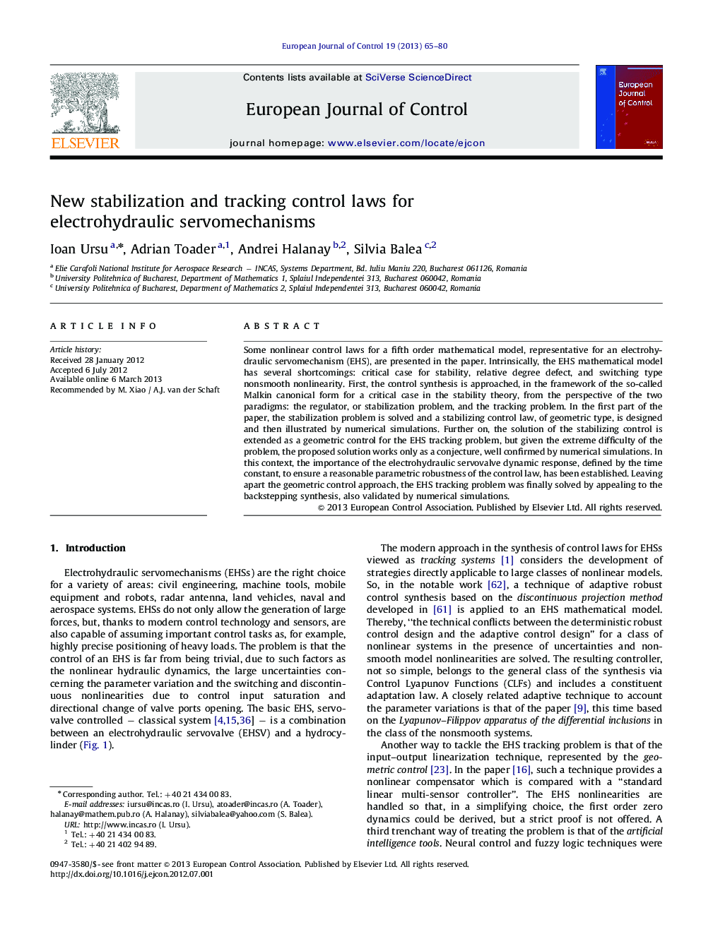 New stabilization and tracking control laws for electrohydraulic servomechanisms