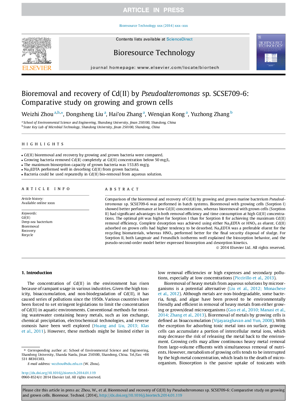 Bioremoval and recovery of Cd(II) by Pseudoalteromonas sp. SCSE709-6: Comparative study on growing and grown cells