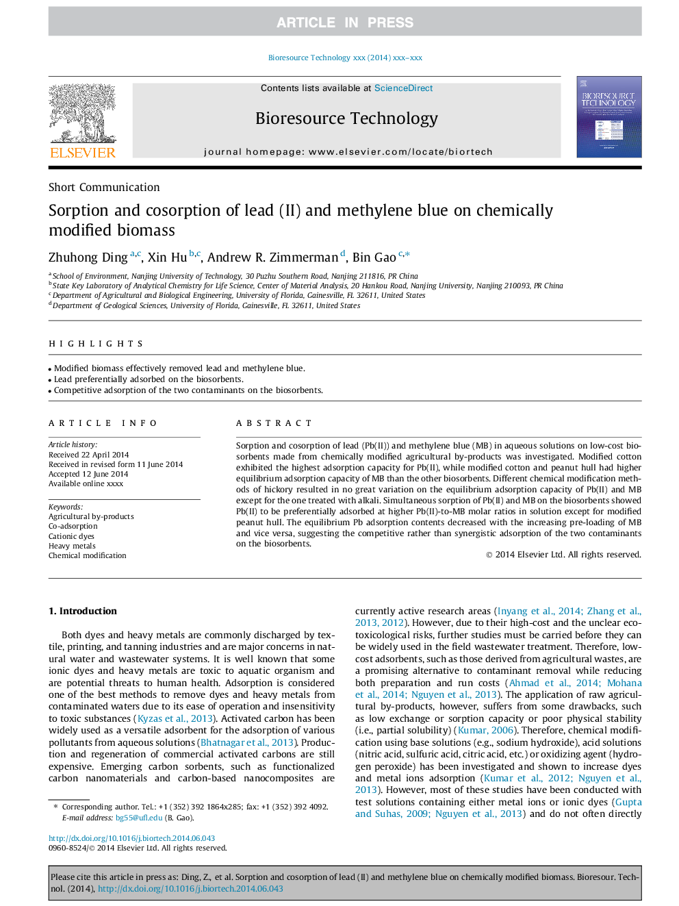 Sorption and cosorption of lead (II) and methylene blue on chemically modified biomass