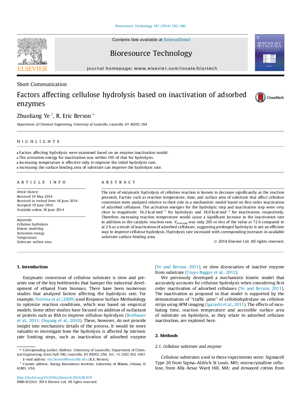 Factors affecting cellulose hydrolysis based on inactivation of adsorbed enzymes