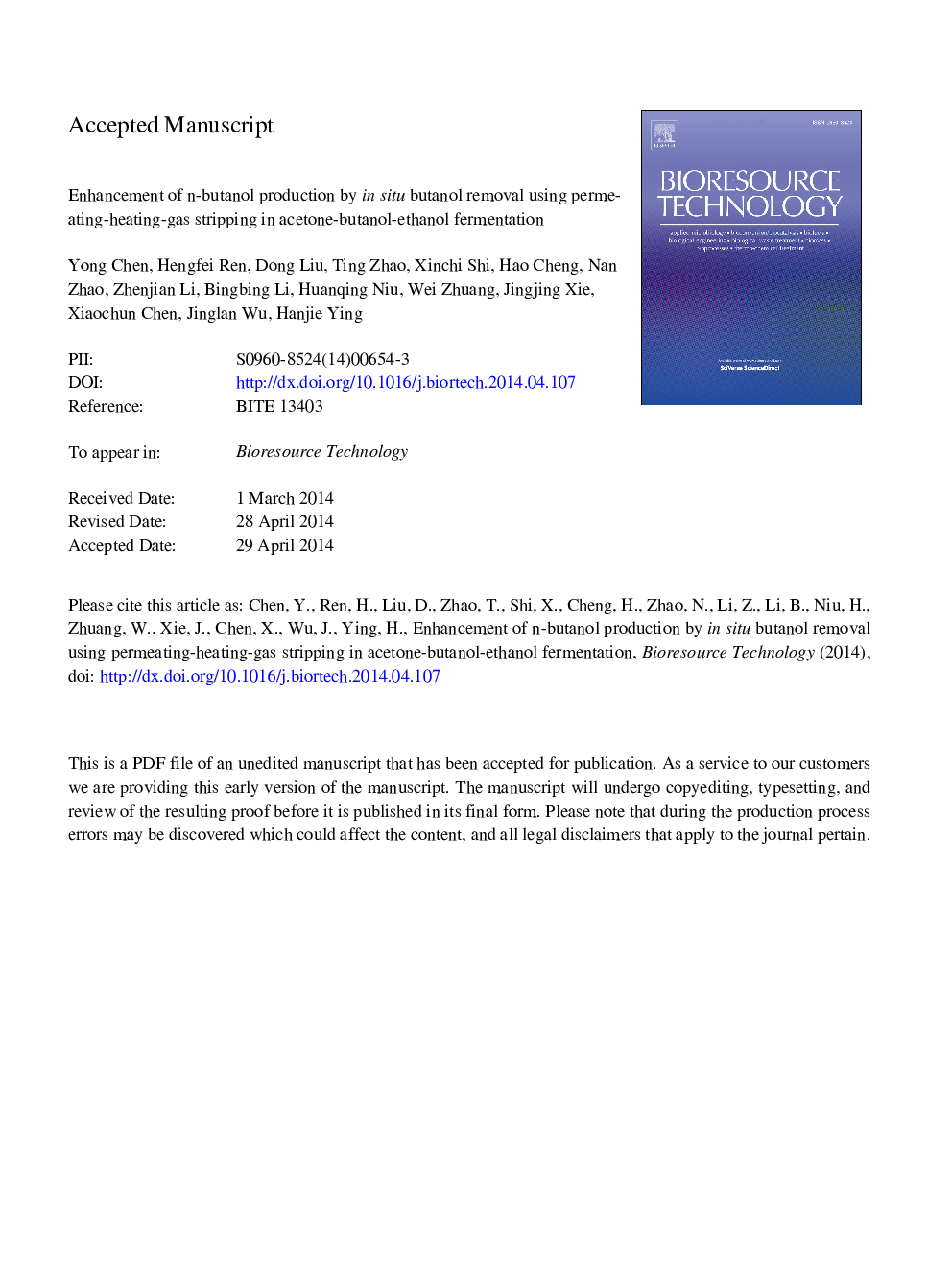 Enhancement of n-butanol production by in situ butanol removal using permeating-heating-gas stripping in acetone-butanol-ethanol fermentation