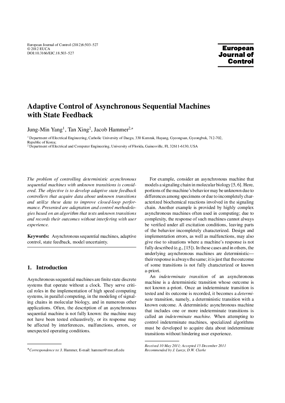 Adaptive Control of Asynchronous Sequential Machines with State Feedback