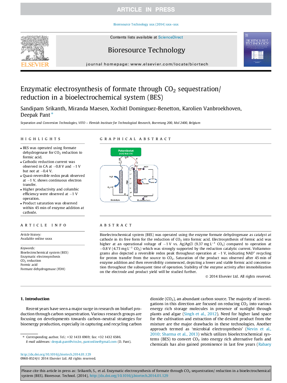 Enzymatic electrosynthesis of formate through CO2 sequestration/reduction in a bioelectrochemical system (BES)