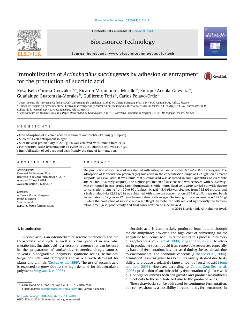 Immobilization of Actinobacillus succinogenes by adhesion or entrapment for the production of succinic acid