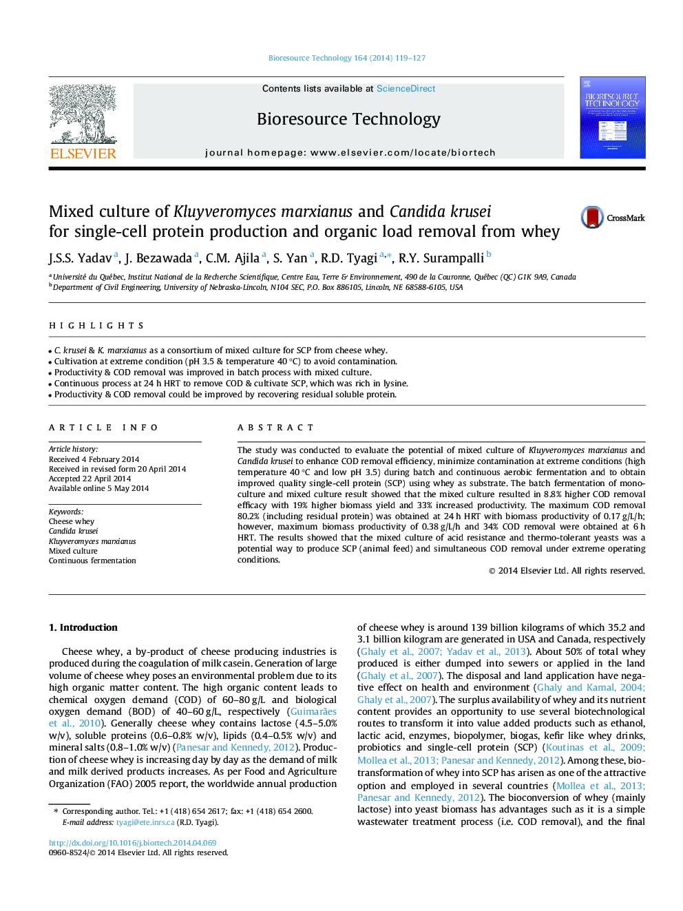 Mixed culture of Kluyveromyces marxianus and Candida krusei for single-cell protein production and organic load removal from whey