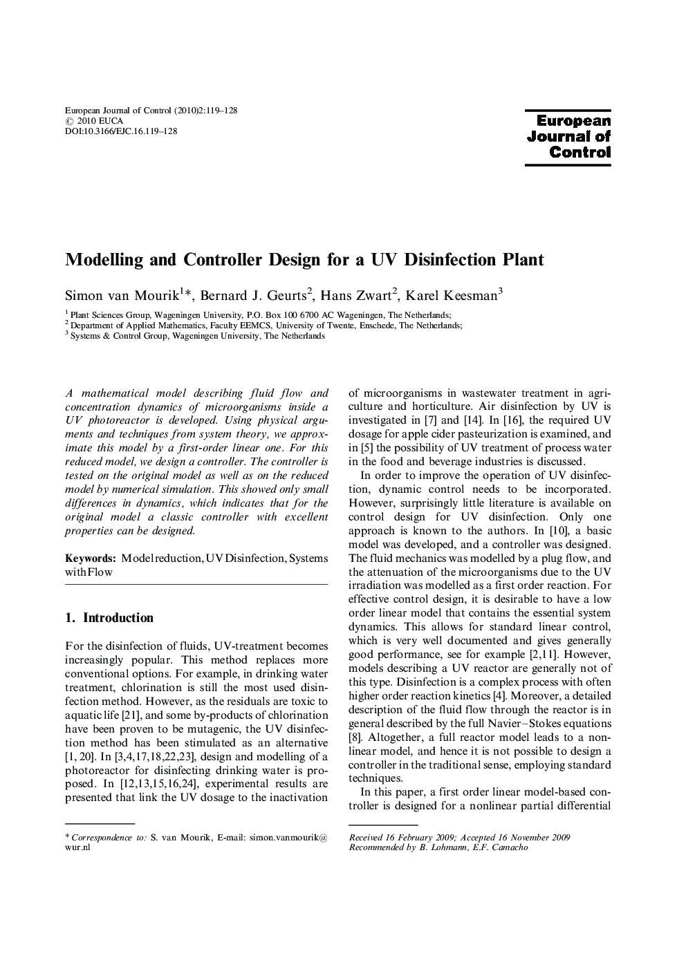 Modelling and Controller Design for a UV Disinfection Plant