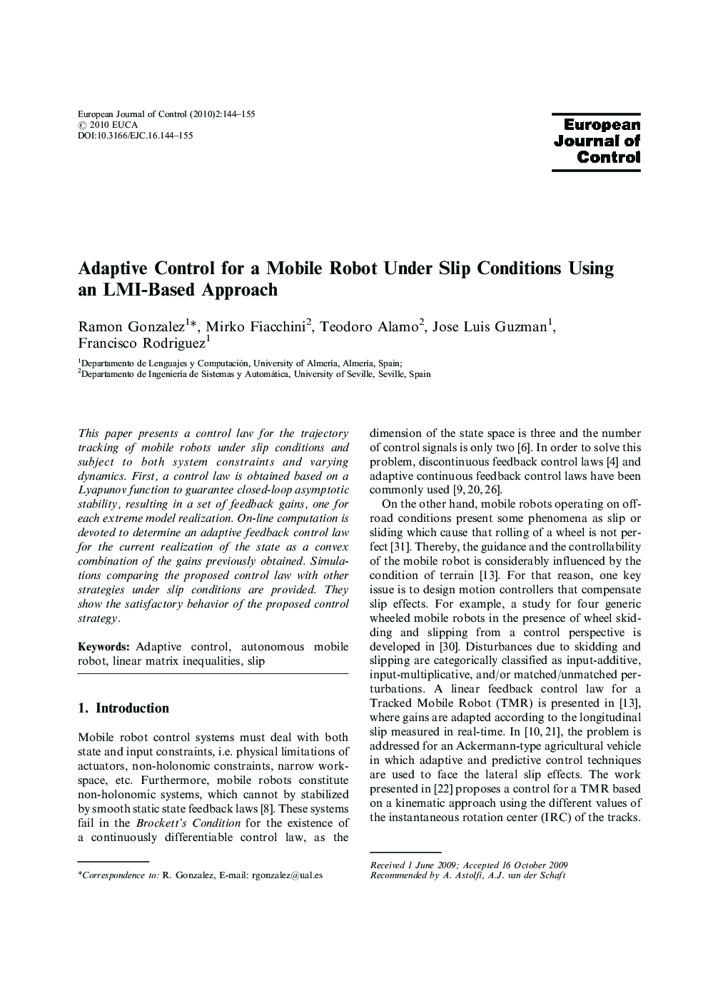 Adaptive Control for a Mobile Robot Under Slip Conditions Using an LMI-Based Approach