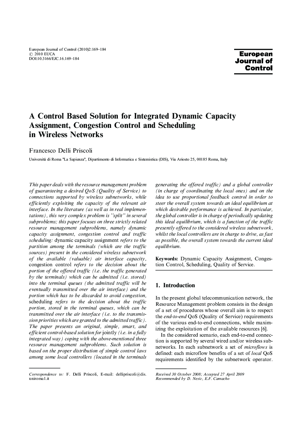 A Control Based Solution for Integrated Dynamic Capacity Assignment, Congestion Control and Scheduling in Wireless Networks