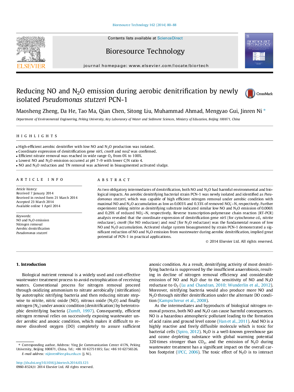 عکس صفحه اول مقاله: Reducing NO and N2O emission during aerobic denitrification by newly isolated Pseudomonas stutzeri PCN-1 Reducing NO and N2O emission during aerobic denitrification by newly isolated Pseudomonas stutzeri PCN-1