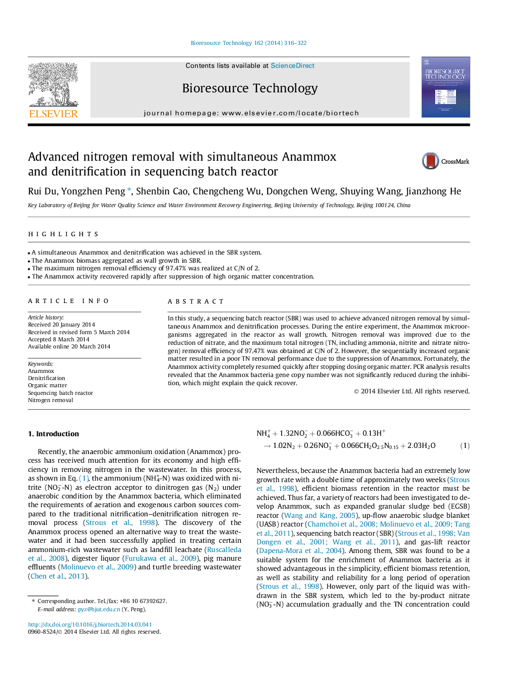 Advanced nitrogen removal with simultaneous Anammox and denitrification in sequencing batch reactor