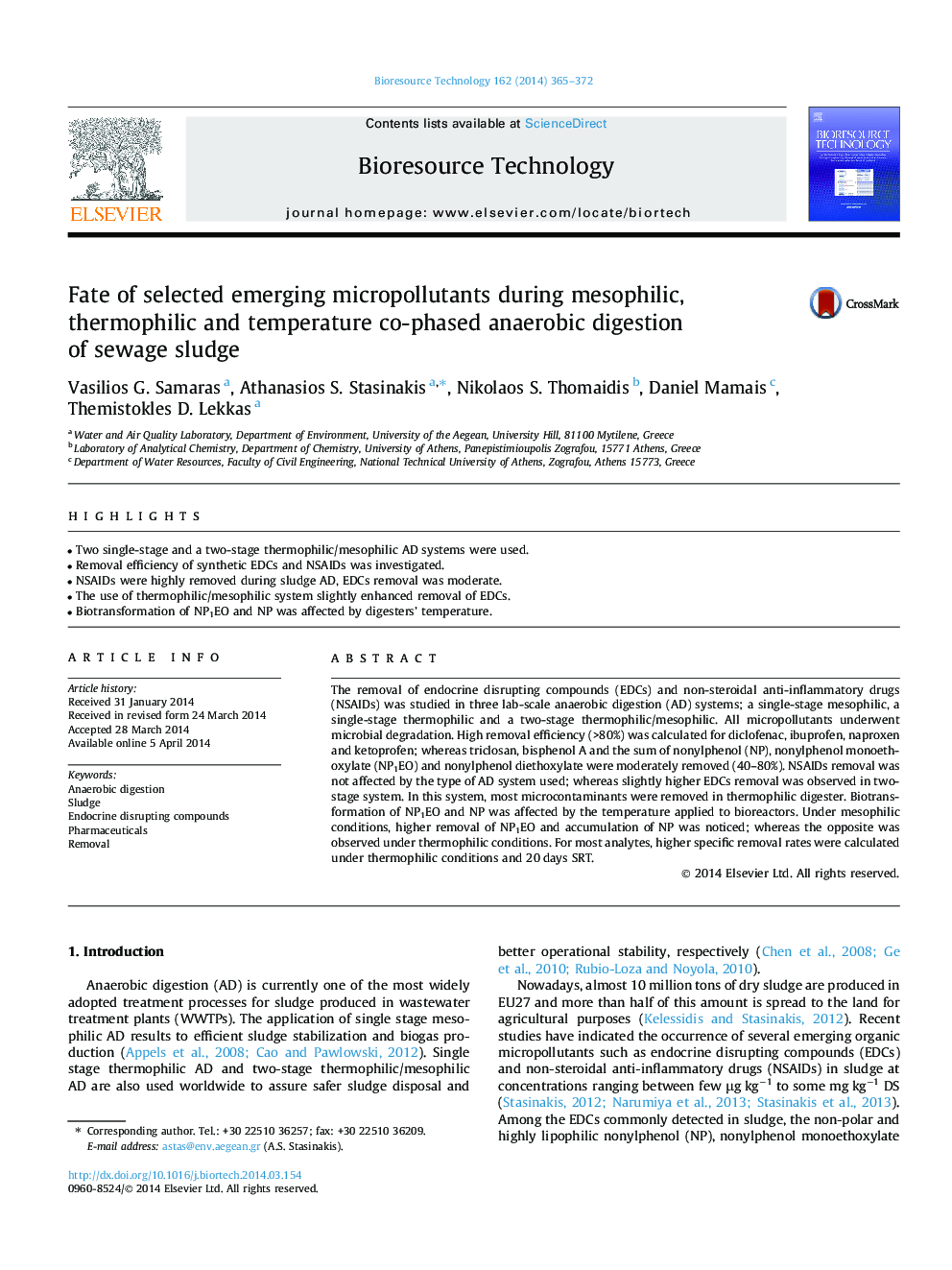 Fate of selected emerging micropollutants during mesophilic, thermophilic and temperature co-phased anaerobic digestion of sewage sludge