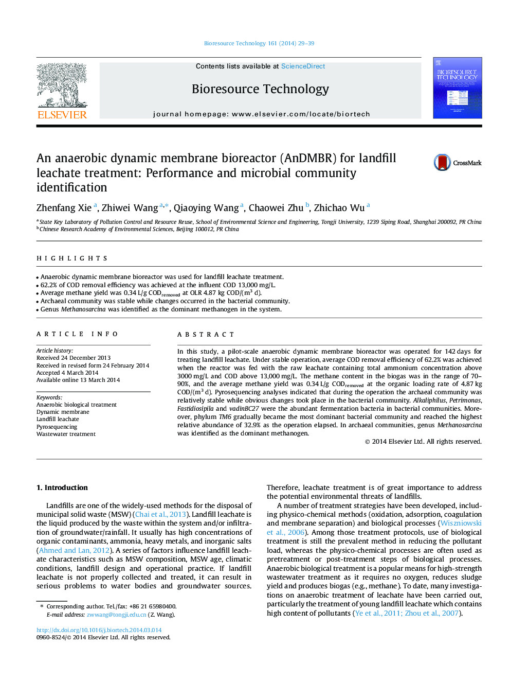 An anaerobic dynamic membrane bioreactor (AnDMBR) for landfill leachate treatment: Performance and microbial community identification