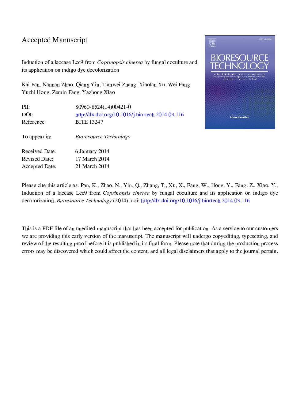 عکس صفحه اول مقاله: Induction of a laccase Lcc9 from Coprinopsis cinerea by fungal coculture and its application on indigo dye decolorization Induction of a laccase Lcc9 from Coprinopsis cinerea by fungal coculture and its application on indigo dye decolorization