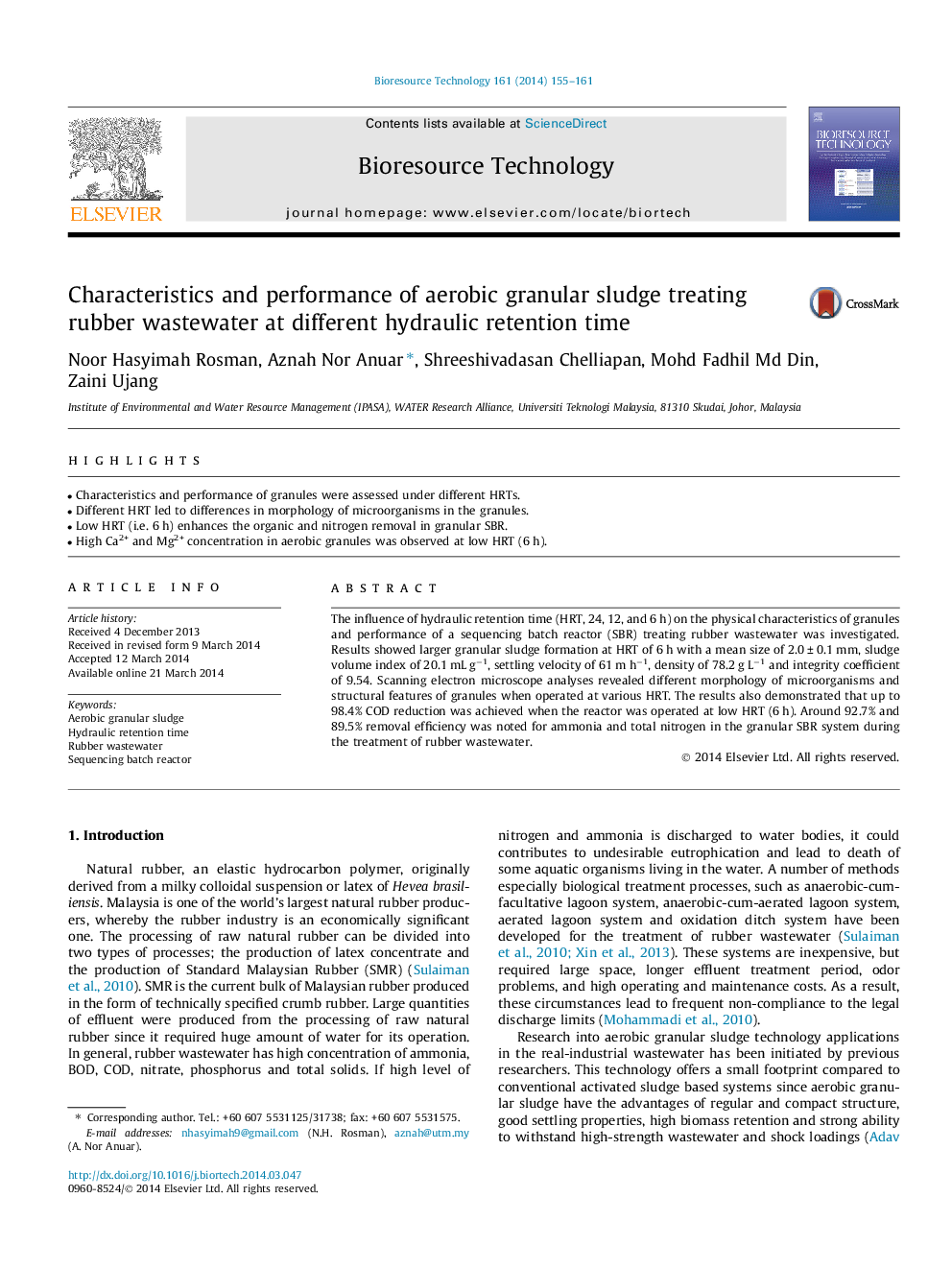 Characteristics and performance of aerobic granular sludge treating rubber wastewater at different hydraulic retention time