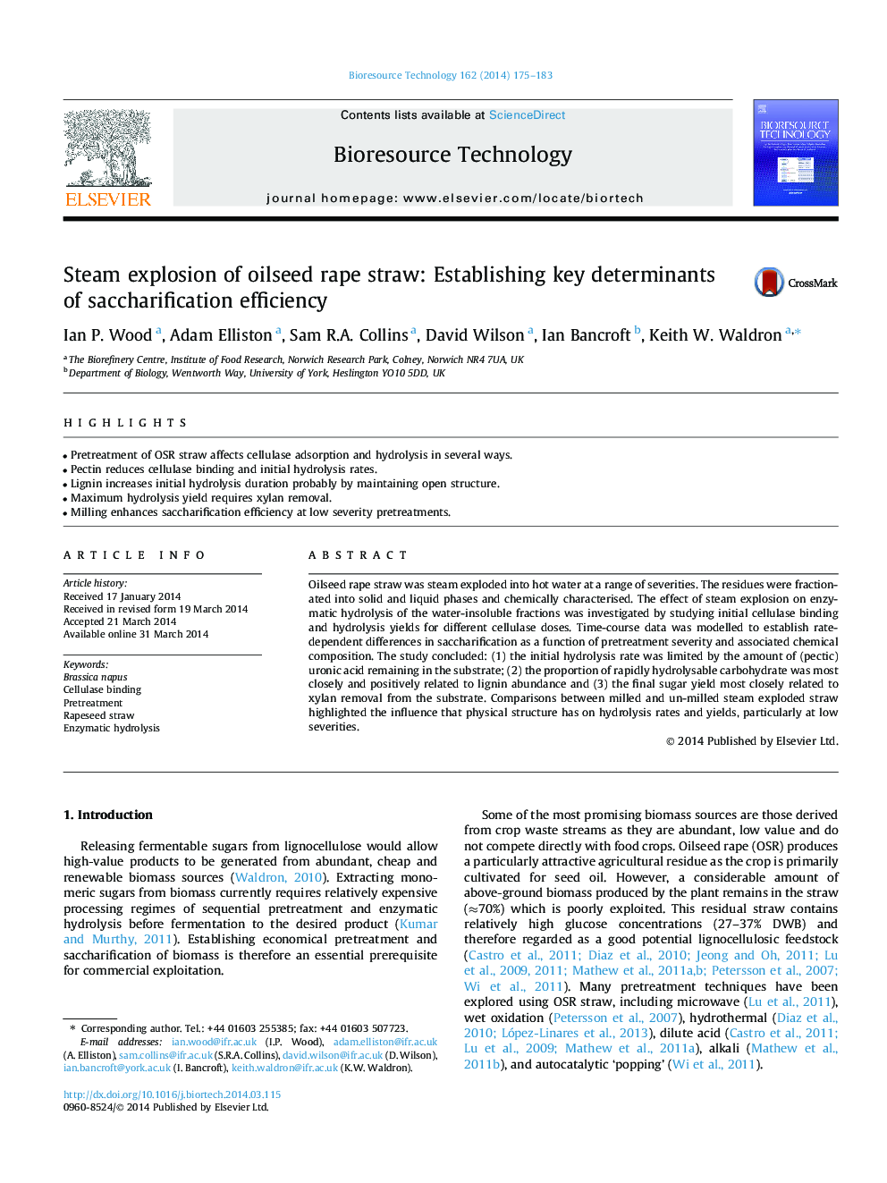 Steam explosion of oilseed rape straw: Establishing key determinants of saccharification efficiency