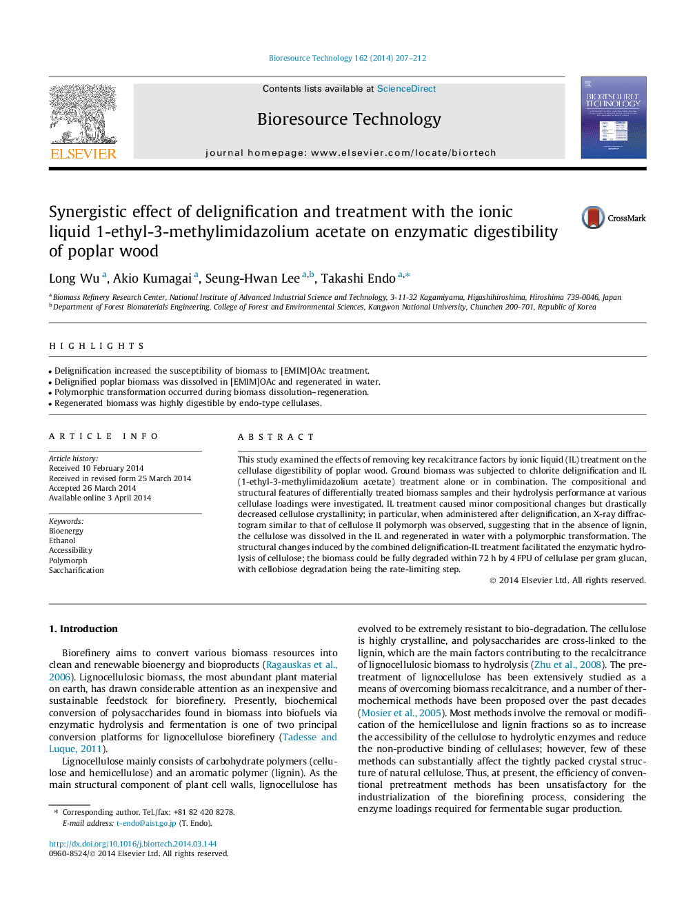 Synergistic effect of delignification and treatment with the ionic liquid 1-ethyl-3-methylimidazolium acetate on enzymatic digestibility of poplar wood