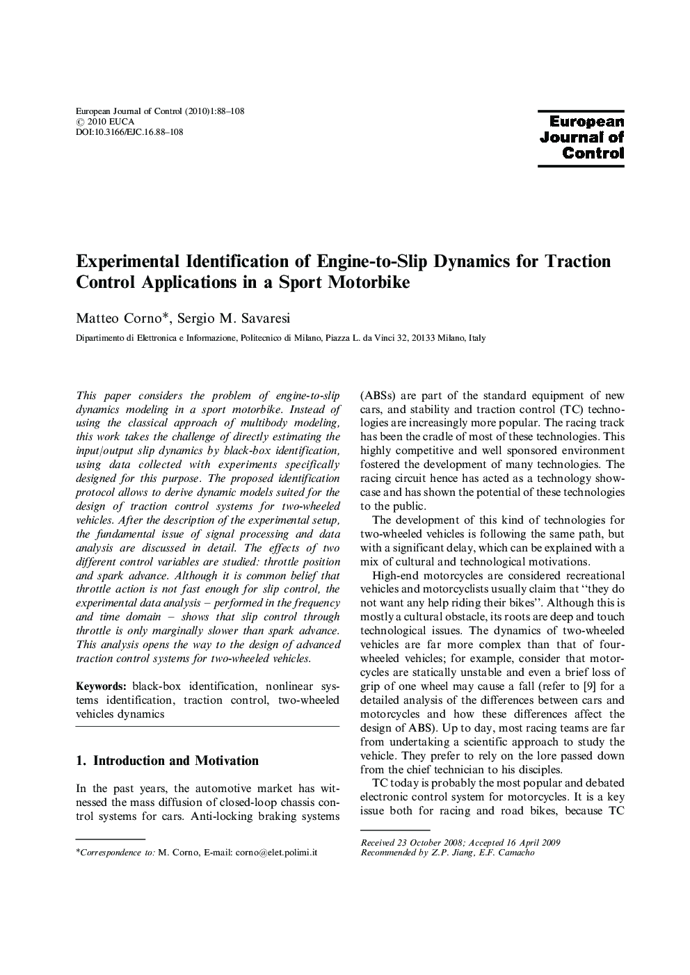 Experimental Identification of Engine-to-Slip Dynamics for Traction Control Applications in a Sport Motorbike