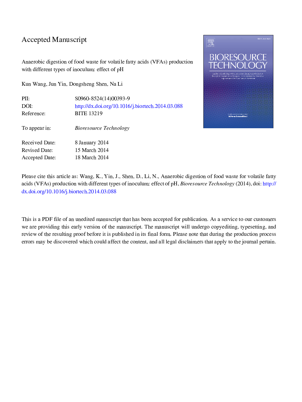 Anaerobic digestion of food waste for volatile fatty acids (VFAs) production with different types of inoculum: Effect of pH