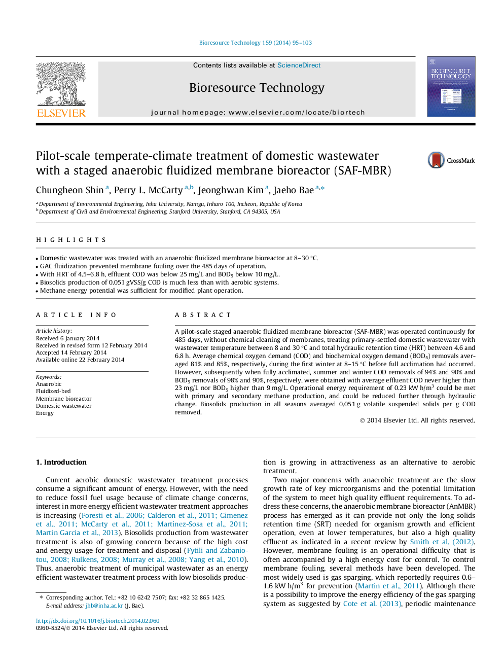 Pilot-scale temperate-climate treatment of domestic wastewater with a staged anaerobic fluidized membrane bioreactor (SAF-MBR)