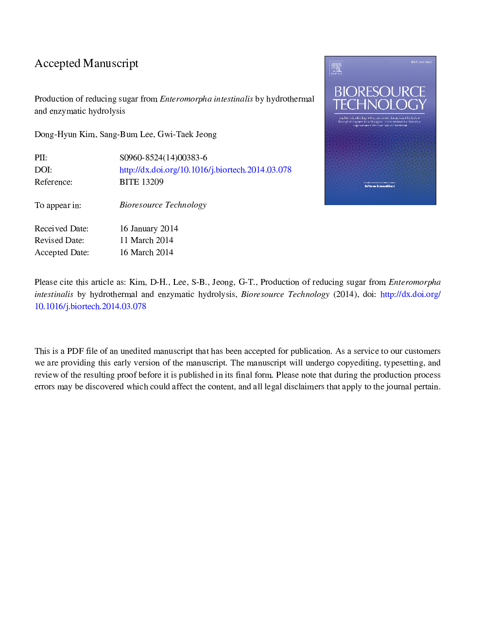 عکس صفحه اول مقاله: Production of reducing sugar from Enteromorpha intestinalis by hydrothermal and enzymatic hydrolysis Production of reducing sugar from Enteromorpha intestinalis by hydrothermal and enzymatic hydrolysis