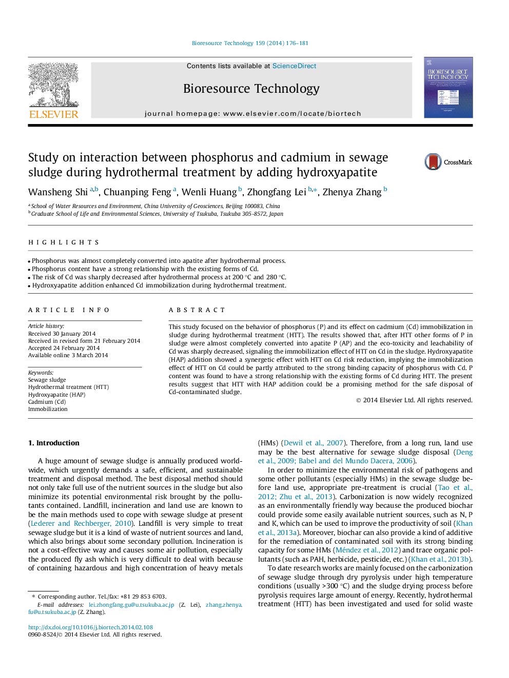 Study on interaction between phosphorus and cadmium in sewage sludge during hydrothermal treatment by adding hydroxyapatite