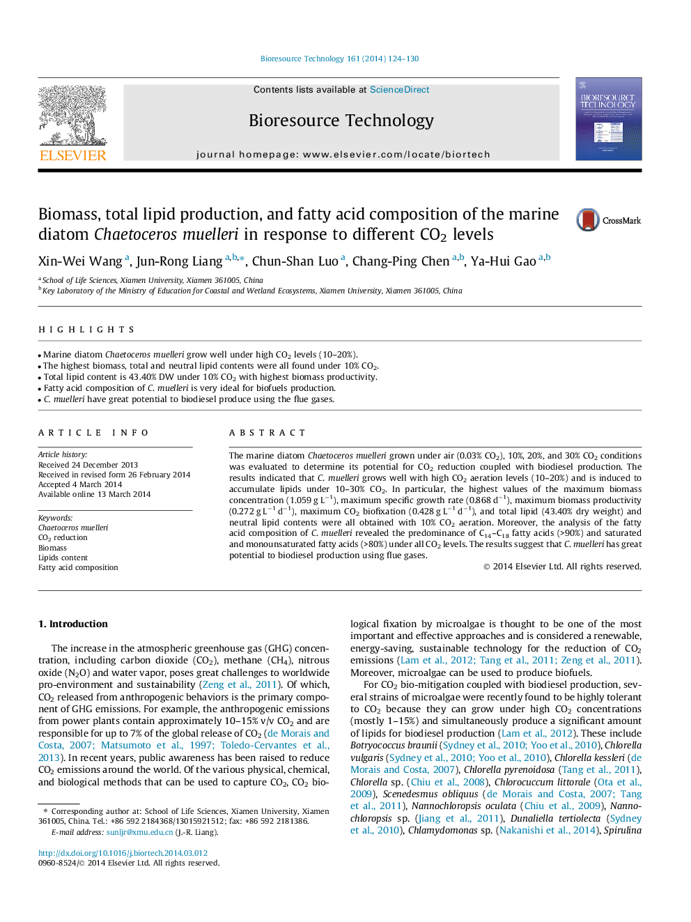 عکس صفحه اول مقاله: Biomass, total lipid production, and fatty acid composition of the marine diatom Chaetoceros muelleri in response to different CO2 levels Biomass, total lipid production, and fatty acid composition of the marine diatom Chaetoceros muelleri in response to different CO2 levels