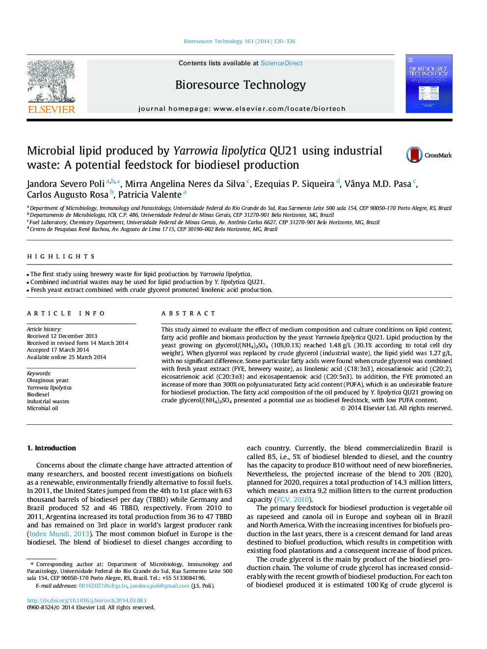 Microbial lipid produced by Yarrowia lipolytica QU21 using industrial waste: A potential feedstock for biodiesel production
