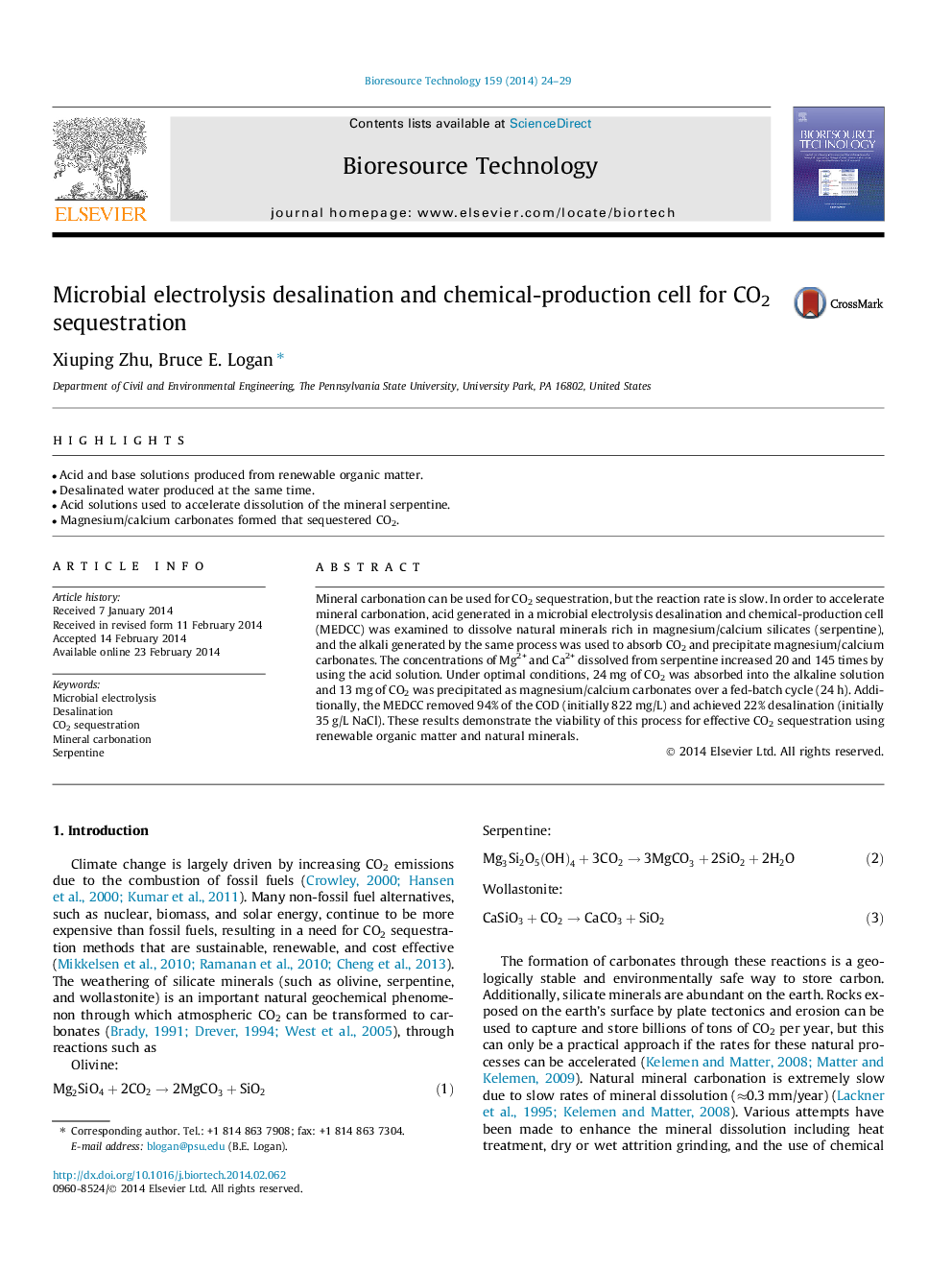 عکس صفحه اول مقاله: Microbial electrolysis desalination and chemical-production cell for CO2 sequestration Microbial electrolysis desalination and chemical-production cell for CO2 sequestration