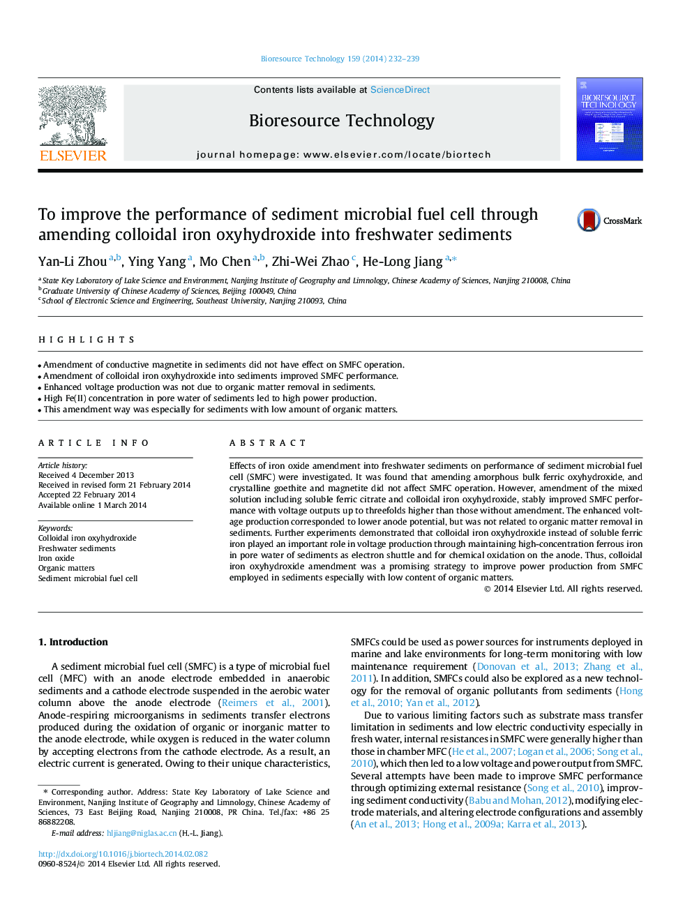 To improve the performance of sediment microbial fuel cell through amending colloidal iron oxyhydroxide into freshwater sediments