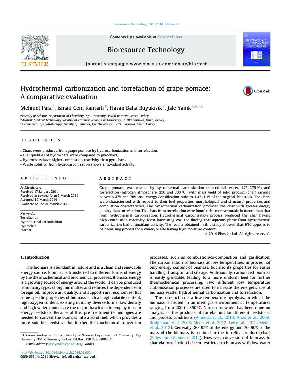 Hydrothermal carbonization and torrefaction of grape pomace: A comparative evaluation