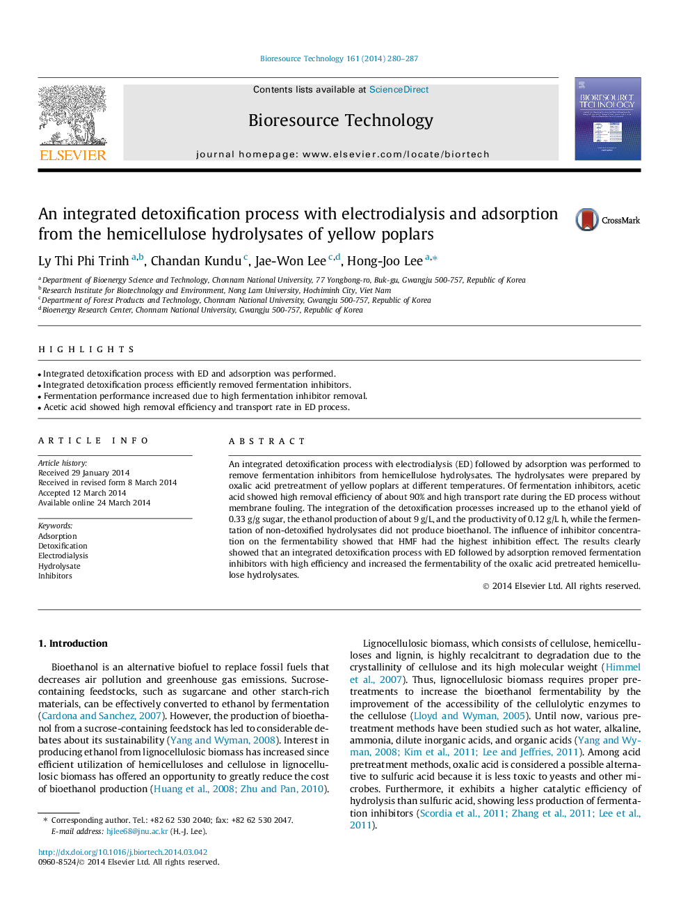 An integrated detoxification process with electrodialysis and adsorption from the hemicellulose hydrolysates of yellow poplars