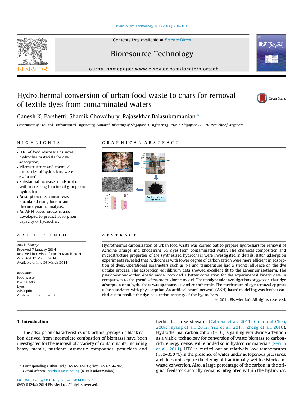 Hydrothermal conversion of urban food waste to chars for removal of textile dyes from contaminated waters