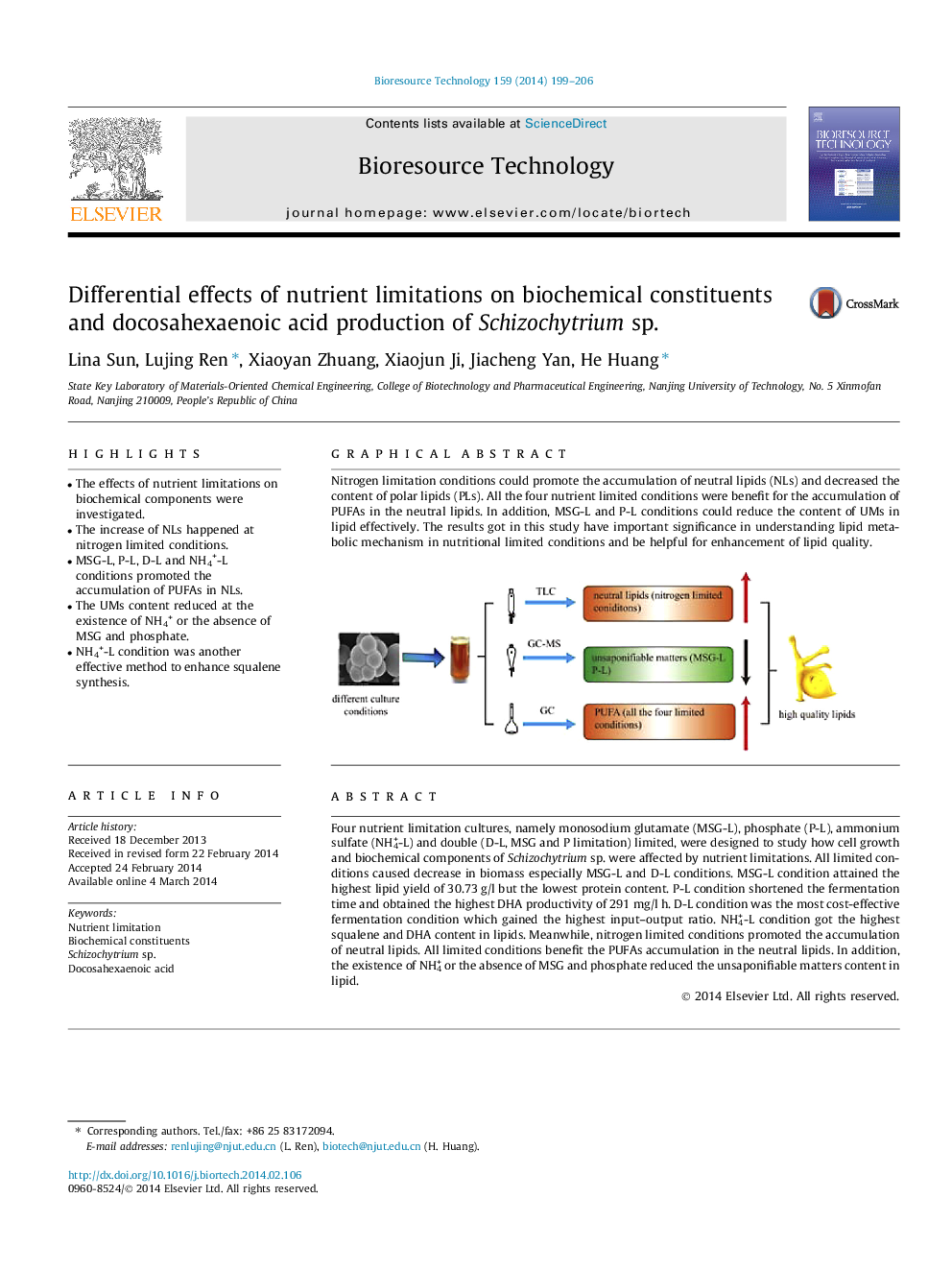 Differential effects of nutrient limitations on biochemical constituents and docosahexaenoic acid production of Schizochytrium sp.