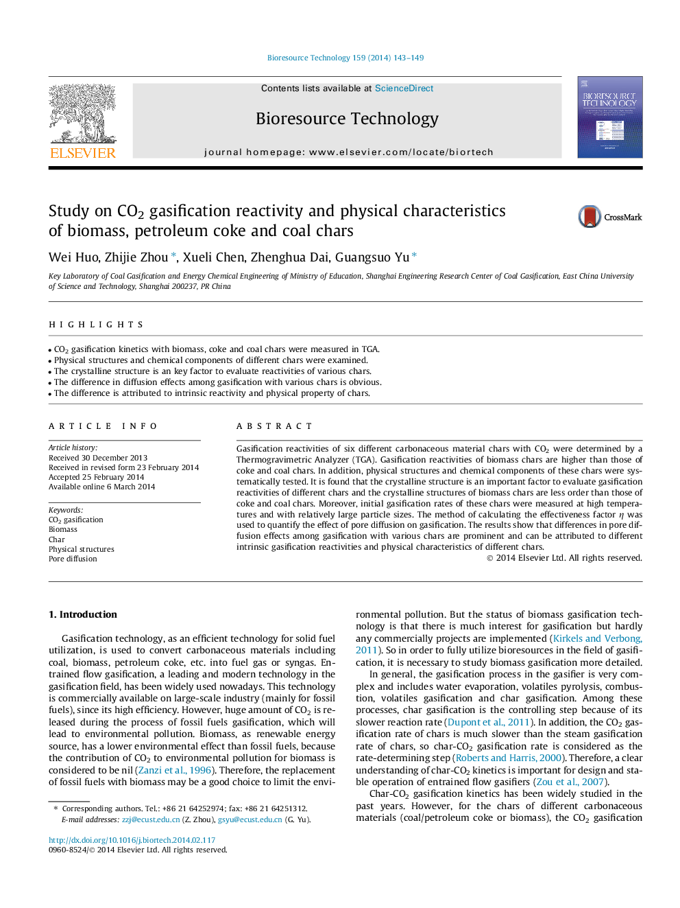 Study on CO2 gasification reactivity and physical characteristics of biomass, petroleum coke and coal chars