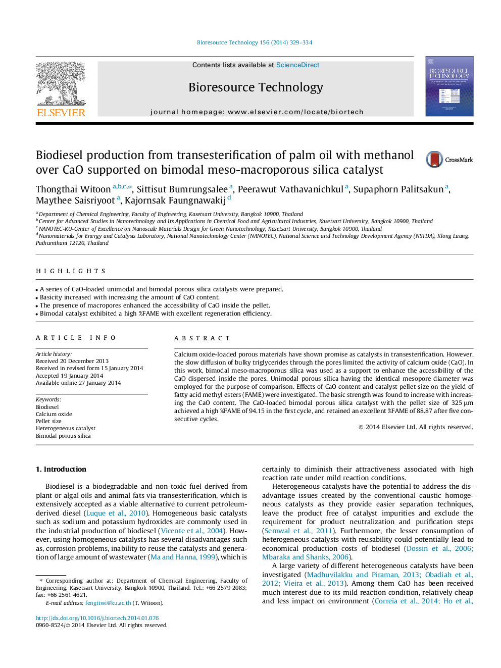 Biodiesel production from transesterification of palm oil with methanol over CaO supported on bimodal meso-macroporous silica catalyst