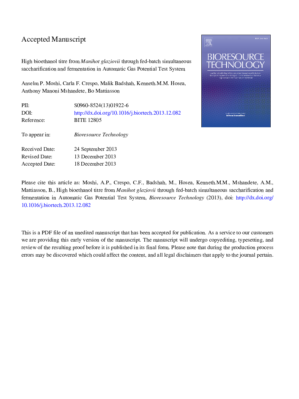 High bioethanol titre from Manihot glaziovii through fed-batch simultaneous saccharification and fermentation in Automatic Gas Potential Test System