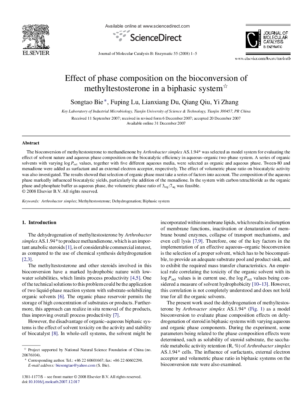 Effect of phase composition on the bioconversion of methyltestosterone in a biphasic system 