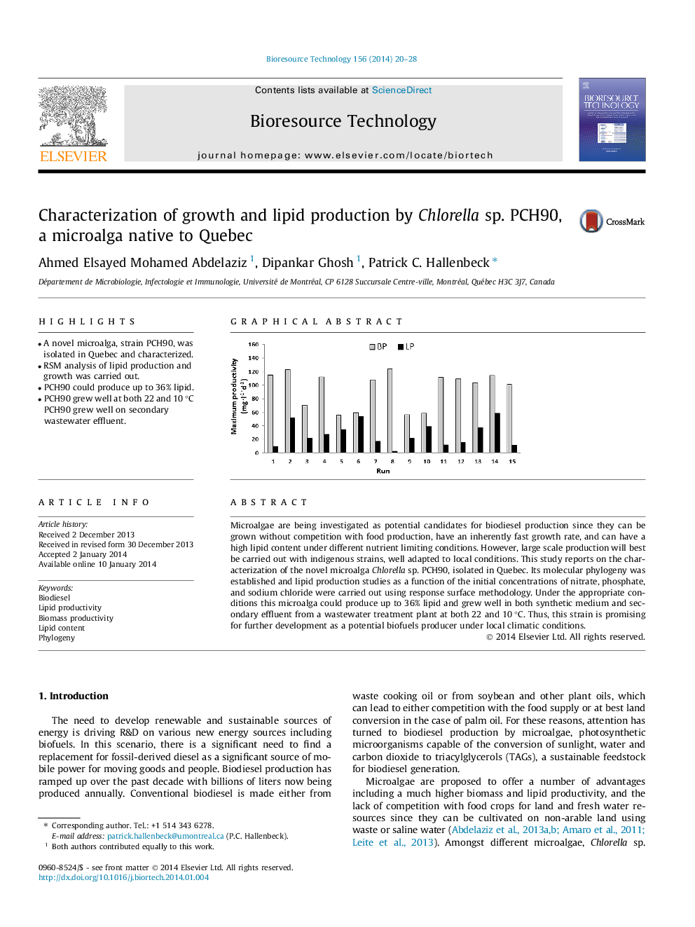 Characterization of growth and lipid production by Chlorella sp. PCH90, a microalga native to Quebec