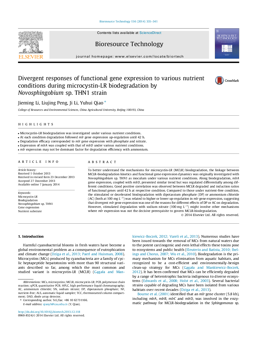 Divergent responses of functional gene expression to various nutrient conditions during microcystin-LR biodegradation by Novosphingobium sp. THN1 strain