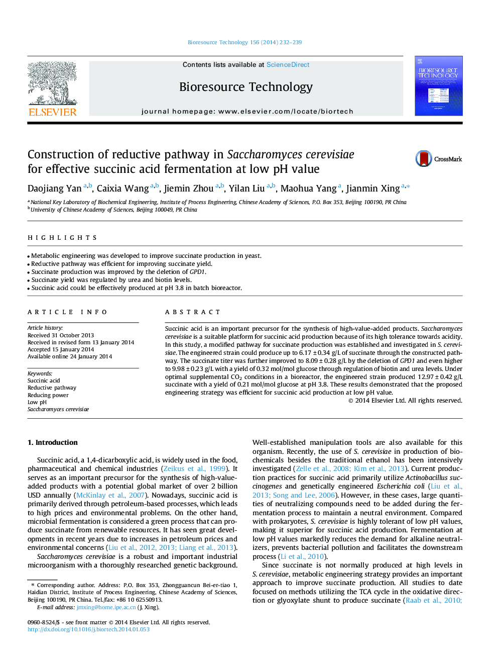 Construction of reductive pathway in Saccharomyces cerevisiae for effective succinic acid fermentation at low pH value