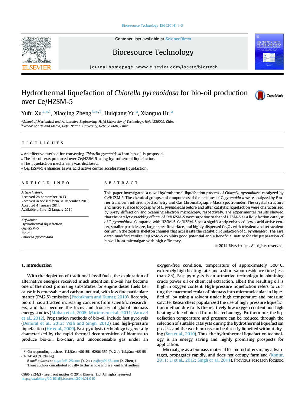 Hydrothermal liquefaction of Chlorella pyrenoidosa for bio-oil production over Ce/HZSM-5