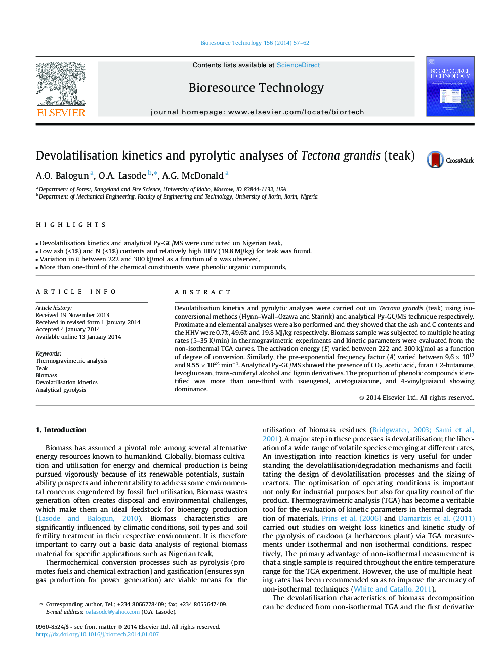 Devolatilisation kinetics and pyrolytic analyses of Tectona grandis (teak)