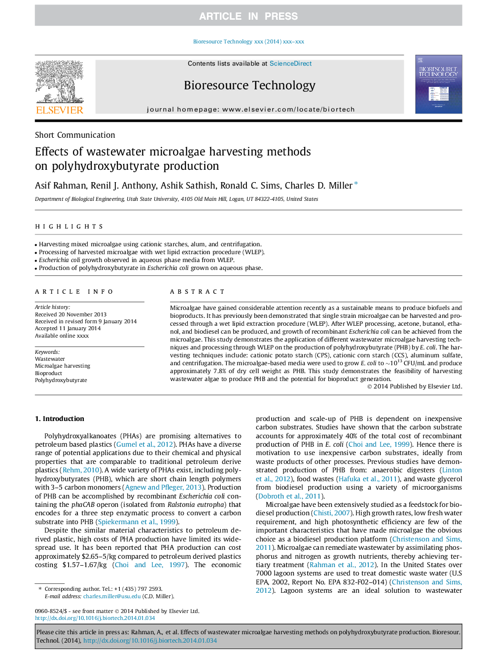 Effects of wastewater microalgae harvesting methods on polyhydroxybutyrate production