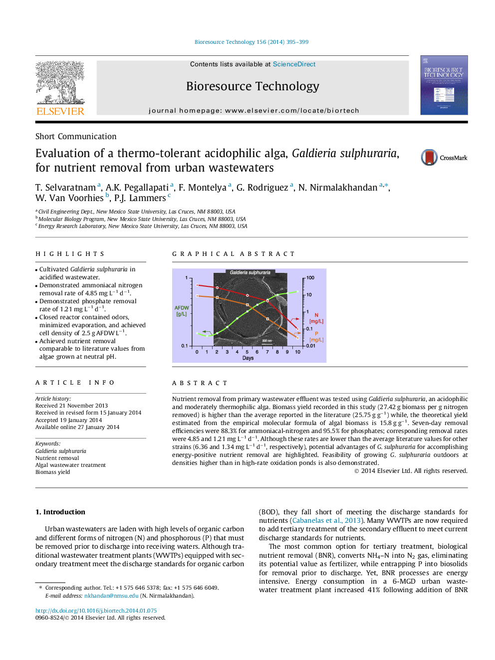 Evaluation of a thermo-tolerant acidophilic alga, Galdieria sulphuraria, for nutrient removal from urban wastewaters