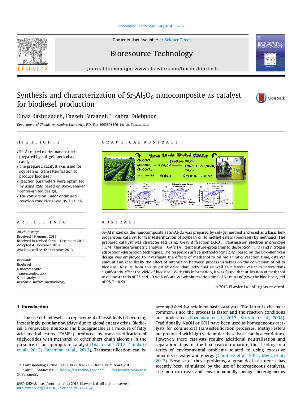 Synthesis and characterization of Sr3Al2O6 nanocomposite as catalyst for biodiesel production