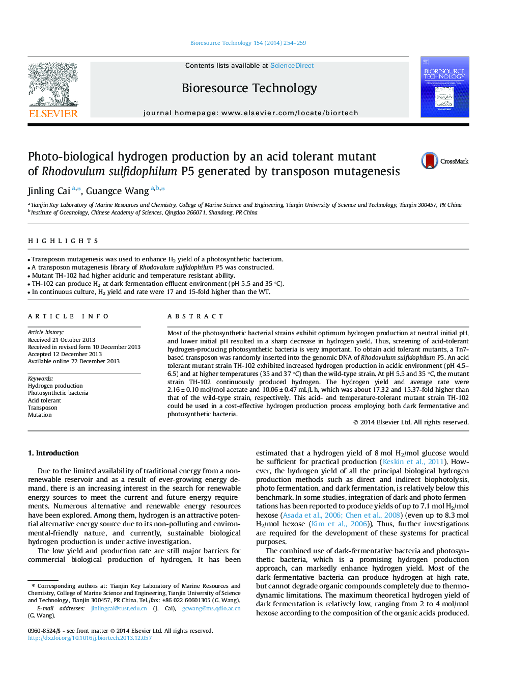 Photo-biological hydrogen production by an acid tolerant mutant of Rhodovulum sulfidophilum P5 generated by transposon mutagenesis