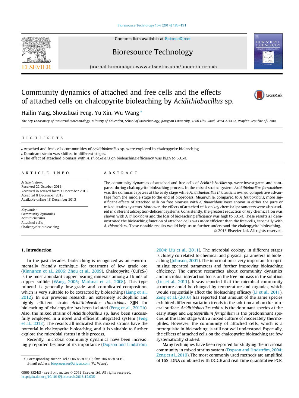 عکس صفحه اول مقاله: Community dynamics of attached and free cells and the effects of attached cells on chalcopyrite bioleaching by Acidithiobacillus sp. Community dynamics of attached and free cells and the effects of attached cells on chalcopyrite bioleaching by Acidithiobacillus sp.