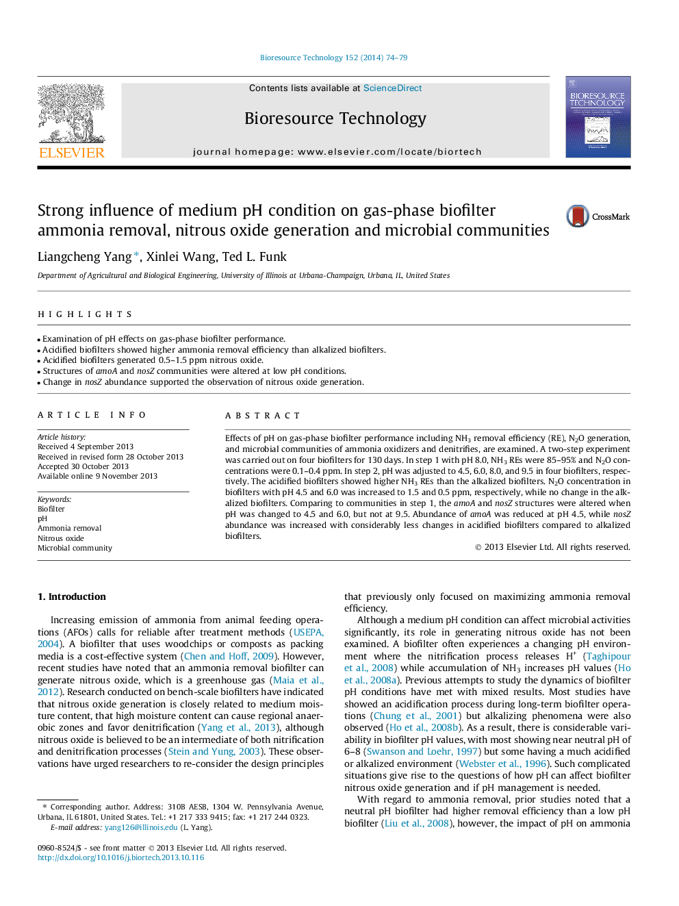 Strong influence of medium pH condition on gas-phase biofilter ammonia removal, nitrous oxide generation and microbial communities